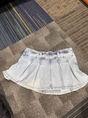 Light Wash Denim Pleated Mini Skirt